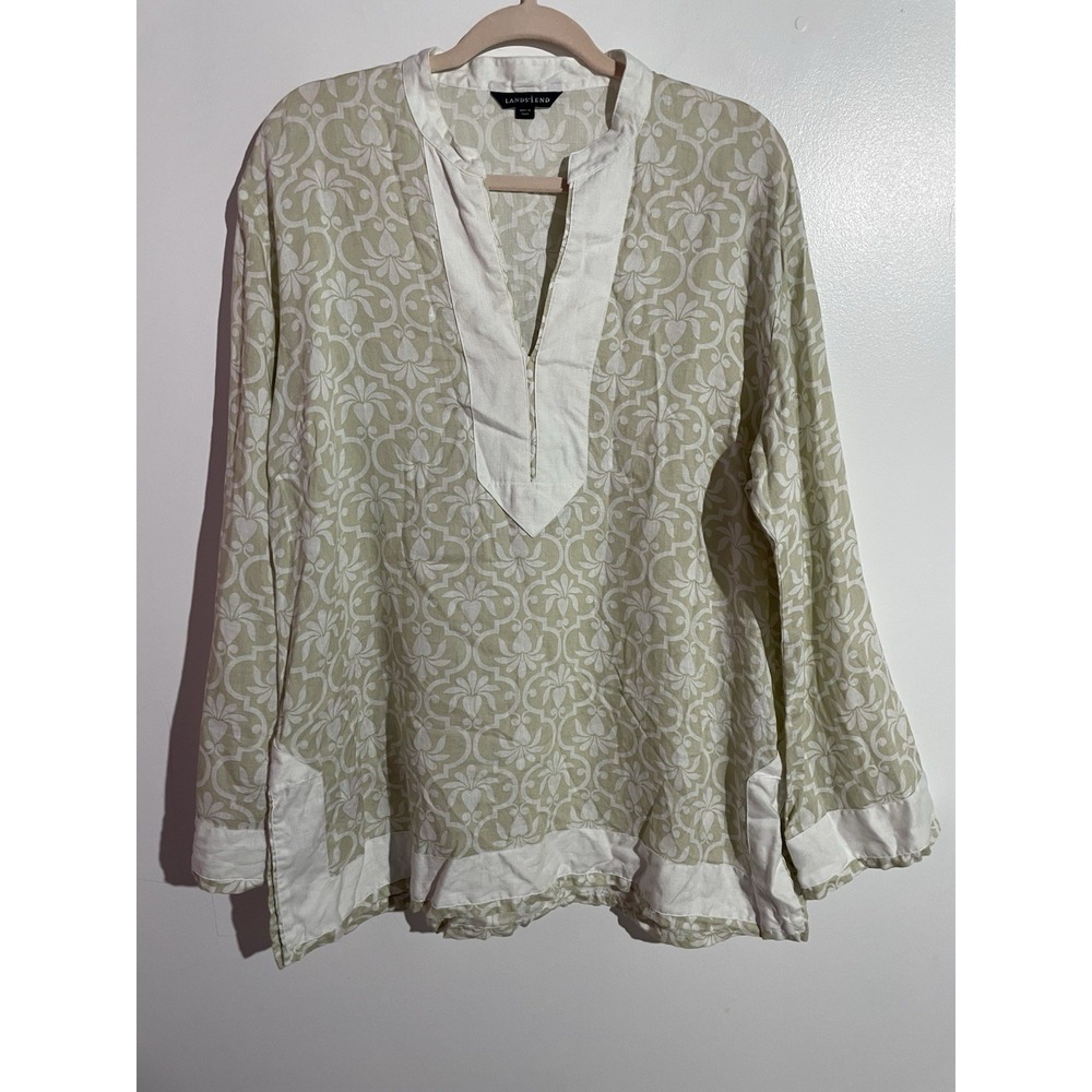 Lands End‎ Popover Top L Cream White Floral Linen Vacation Resort Coastal Office
